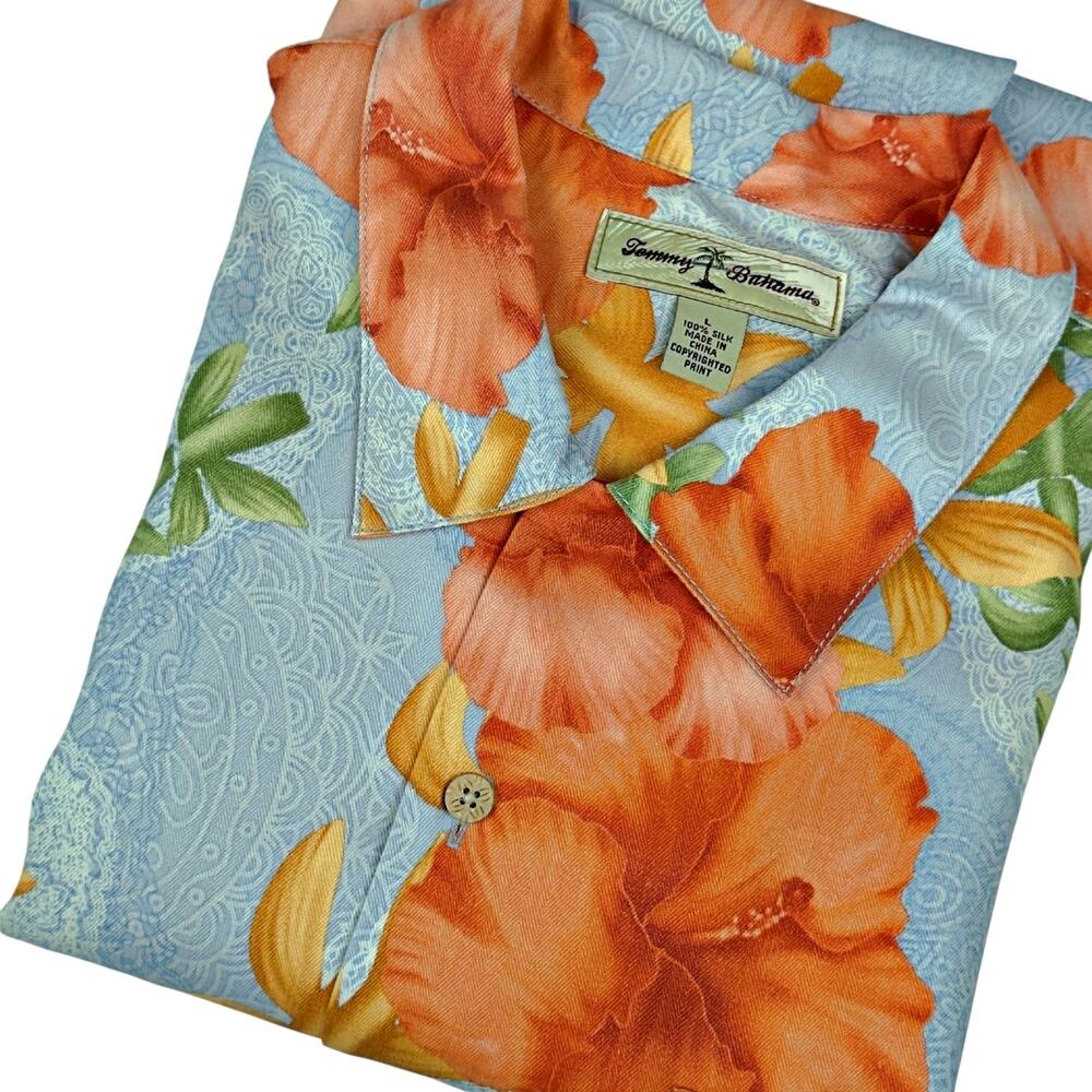 Tommy Bahama 100% Silk Hawaiian Hibiscus SS Button Shirt Orange Blue Tropical LG